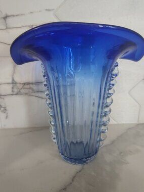 MCM CobaltBlue Glass Vase Flare Rim Rigaree Ribbed HandBlown Jack in the Pulpit
